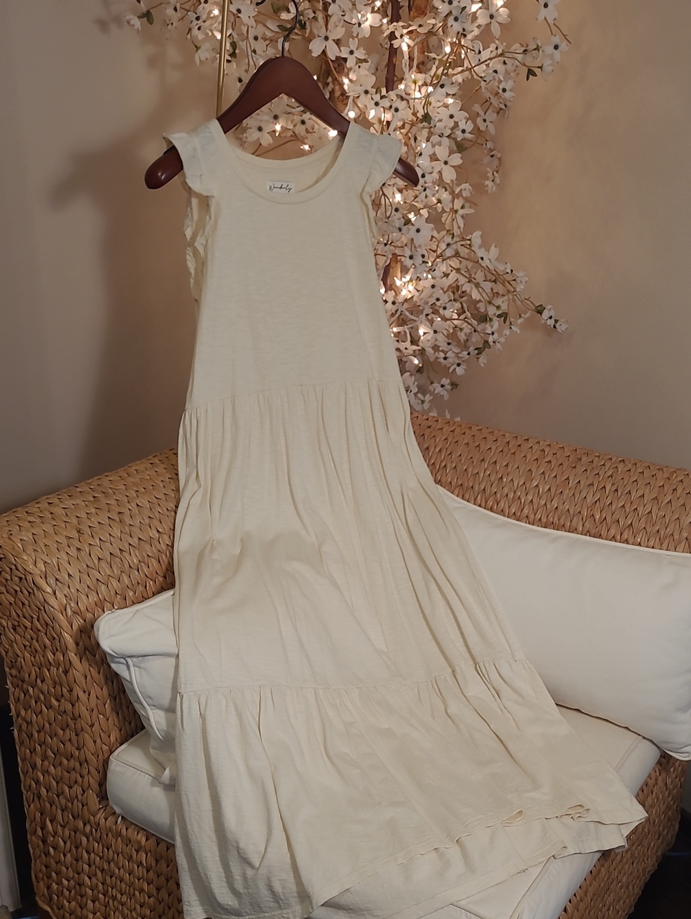 Feminine Cream Dress with Ruffle Sleeves And Ruffle Bottom